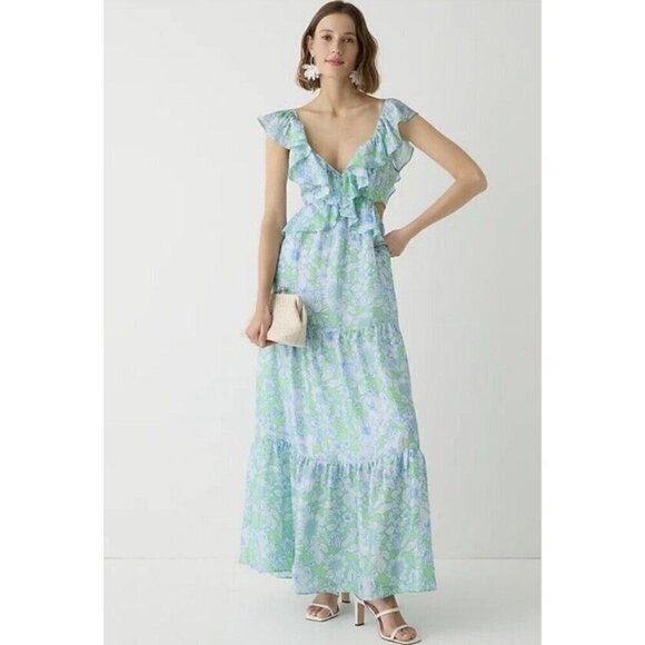 J Crew Collection Maxi Dress Ruffle Cutout Lime Floral Sz 4 NEW Wedding Resort